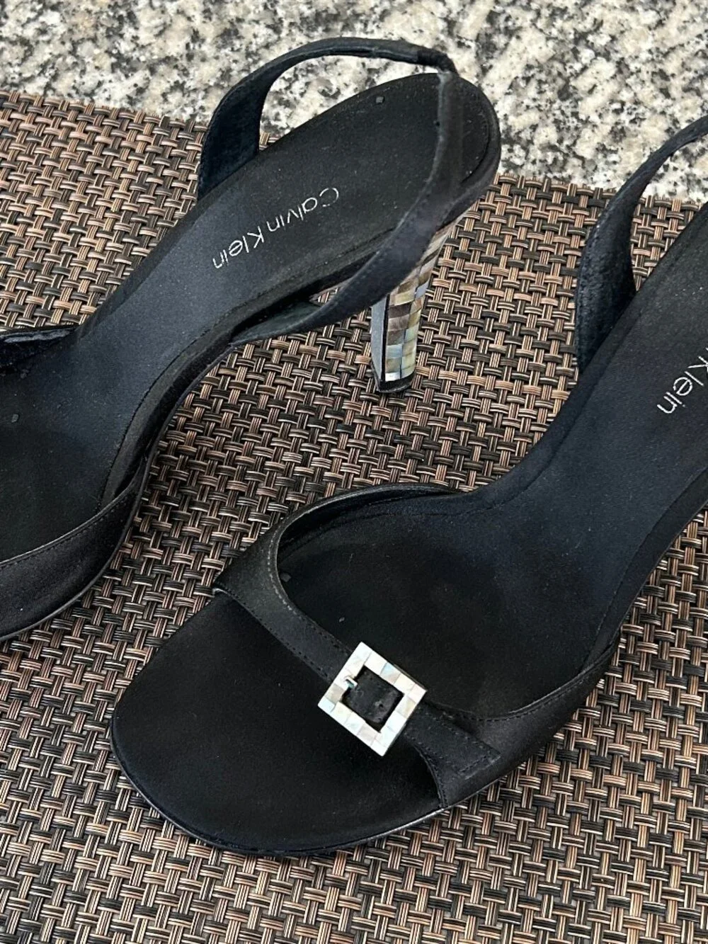 Calvin Klein Black Satin Slingback Sandals with Mosaic Shell Heel - Size 8.5